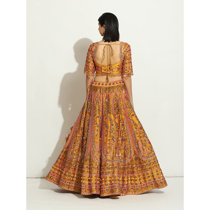 VANDANA SETHI Ochre Lehenga with Zardozi and Thread Work (Set of 3)