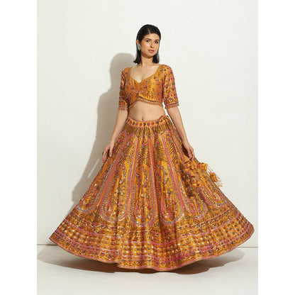 VANDANA SETHI Ochre Lehenga with Zardozi and Thread Work (Set of 3)
