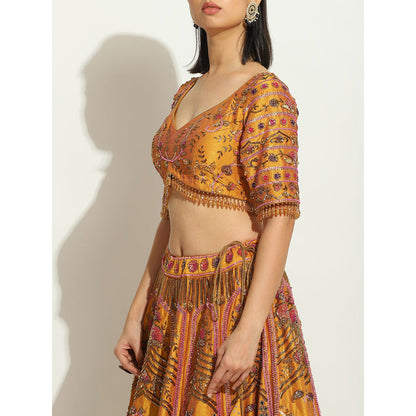 VANDANA SETHI Ochre Lehenga with Zardozi and Thread Work (Set of 3)