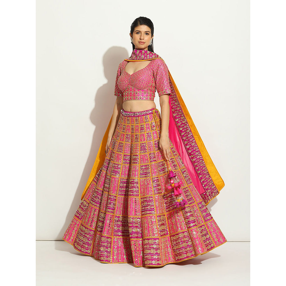VANDANA SETHI Fuchsia and Purple Lehenga with a Pop Up Of Sun Yellow (Set of 3)