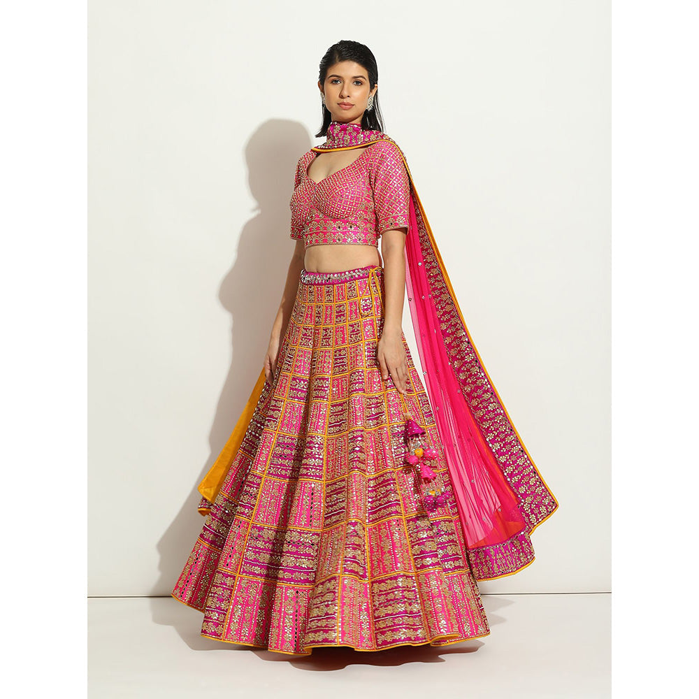 VANDANA SETHI Fuchsia and Purple Lehenga with a Pop Up Of Sun Yellow (Set of 3)