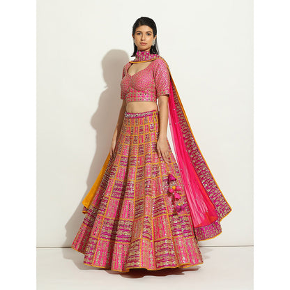 VANDANA SETHI Fuchsia and Purple Lehenga with a Pop Up Of Sun Yellow (Set of 3)