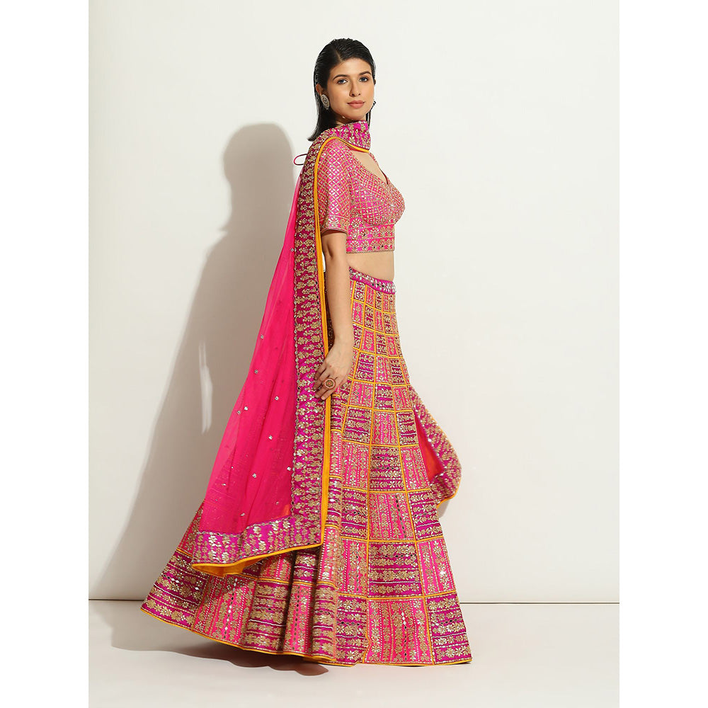 VANDANA SETHI Fuchsia and Purple Lehenga with a Pop Up Of Sun Yellow (Set of 3)