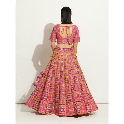 VANDANA SETHI Fuchsia and Purple Lehenga with a Pop Up Of Sun Yellow (Set of 3)