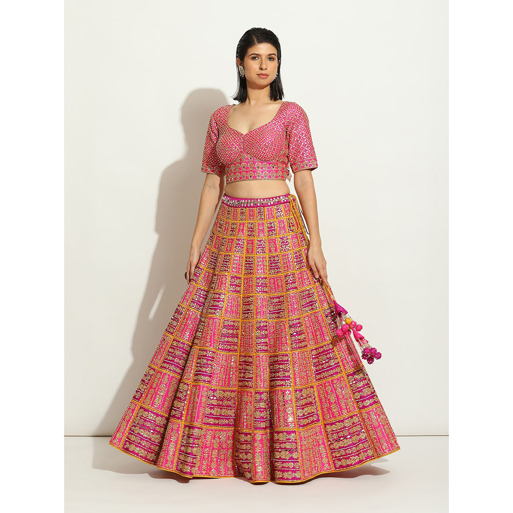 VANDANA SETHI Fuchsia and Purple Lehenga with a Pop Up Of Sun Yellow (Set of 3)