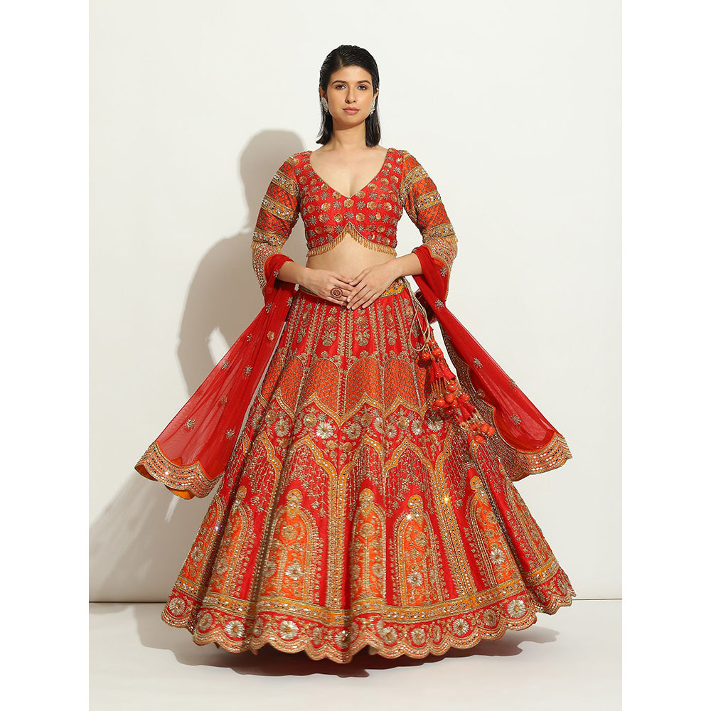 VANDANA SETHI Rust & Red Zardozi Lehenga with a Scalloped Dupatta (Set of 3)