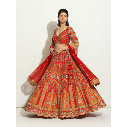 VANDANA SETHI Rust & Red Zardozi Lehenga with a Scalloped Dupatta (Set of 3)