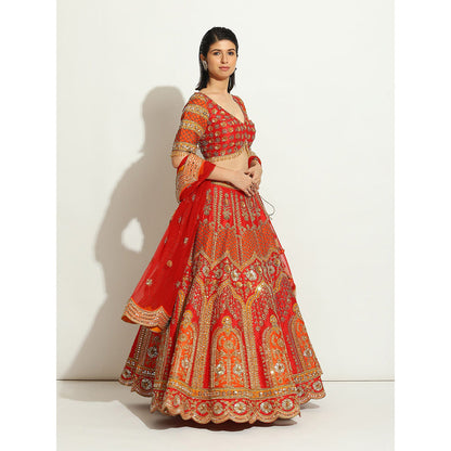 VANDANA SETHI Rust & Red Zardozi Lehenga with a Scalloped Dupatta (Set of 3)