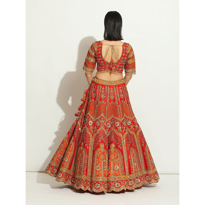 VANDANA SETHI Rust & Red Zardozi Lehenga with a Scalloped Dupatta (Set of 3)