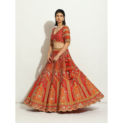 VANDANA SETHI Rust & Red Zardozi Lehenga with a Scalloped Dupatta (Set of 3)