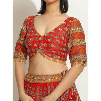 VANDANA SETHI Rust & Red Zardozi Lehenga with a Scalloped Dupatta (Set of 3)