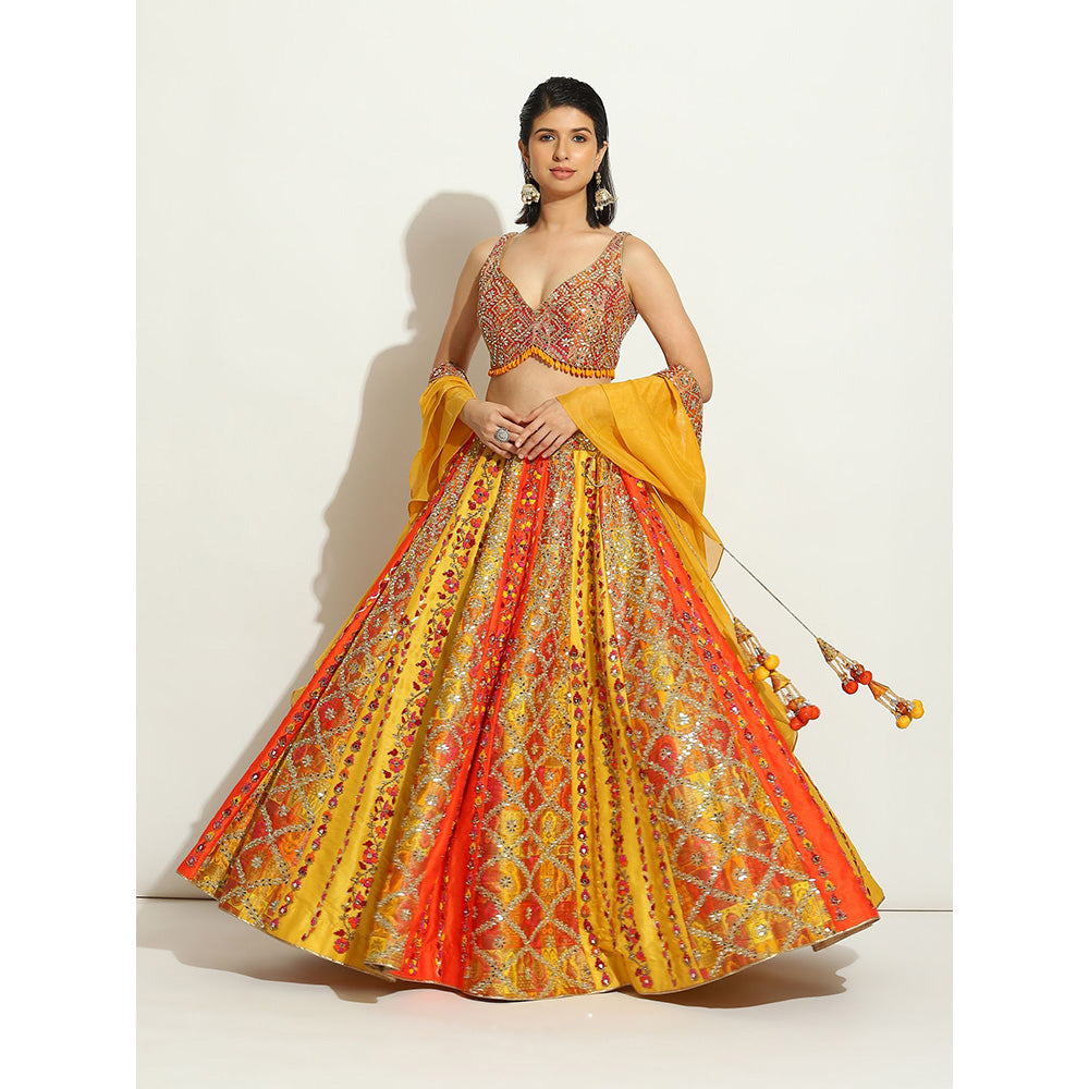 VANDANA SETHI Flame Color Brocade Lehenga with Mirror and Thread Work (Set of 3)