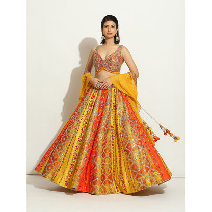 VANDANA SETHI Flame Color Brocade Lehenga with Mirror and Thread Work (Set of 3)