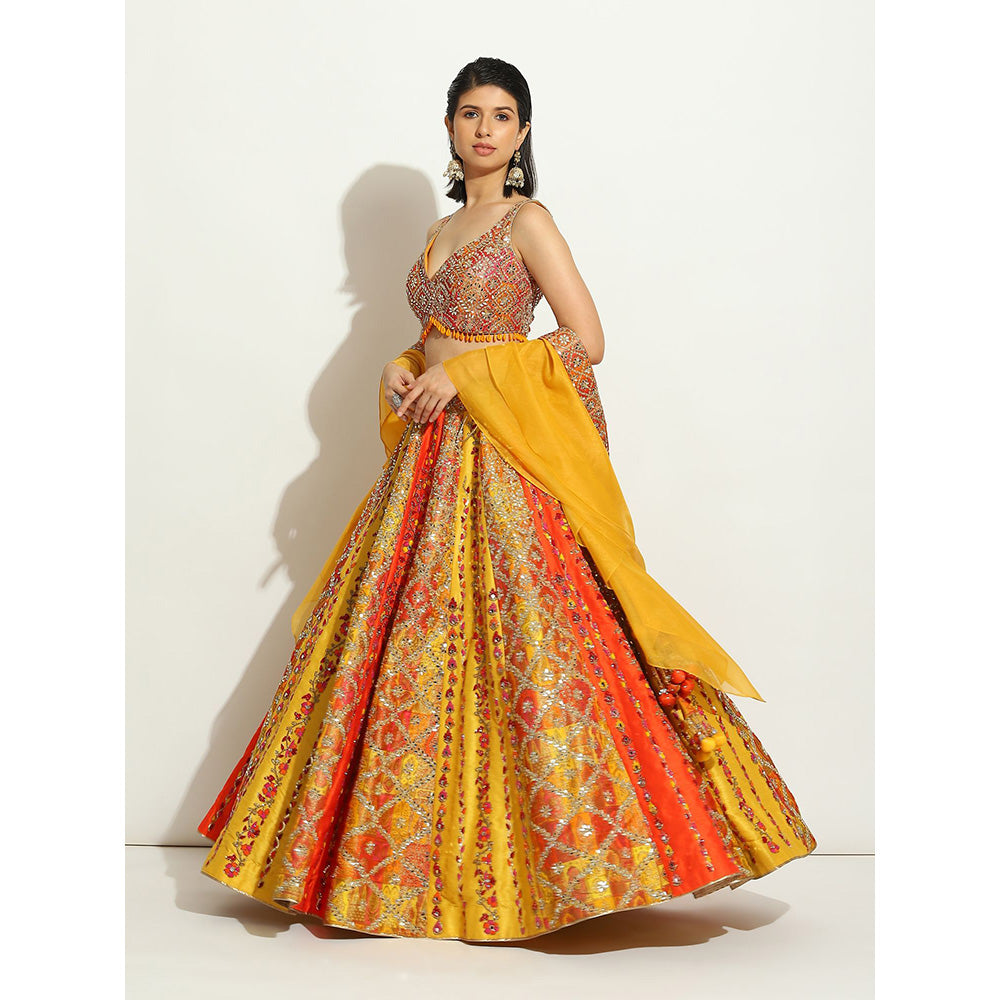 VANDANA SETHI Flame Color Brocade Lehenga with Mirror and Thread Work (Set of 3)