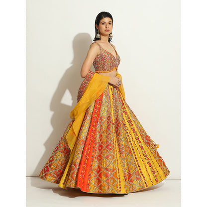 VANDANA SETHI Flame Color Brocade Lehenga with Mirror and Thread Work (Set of 3)