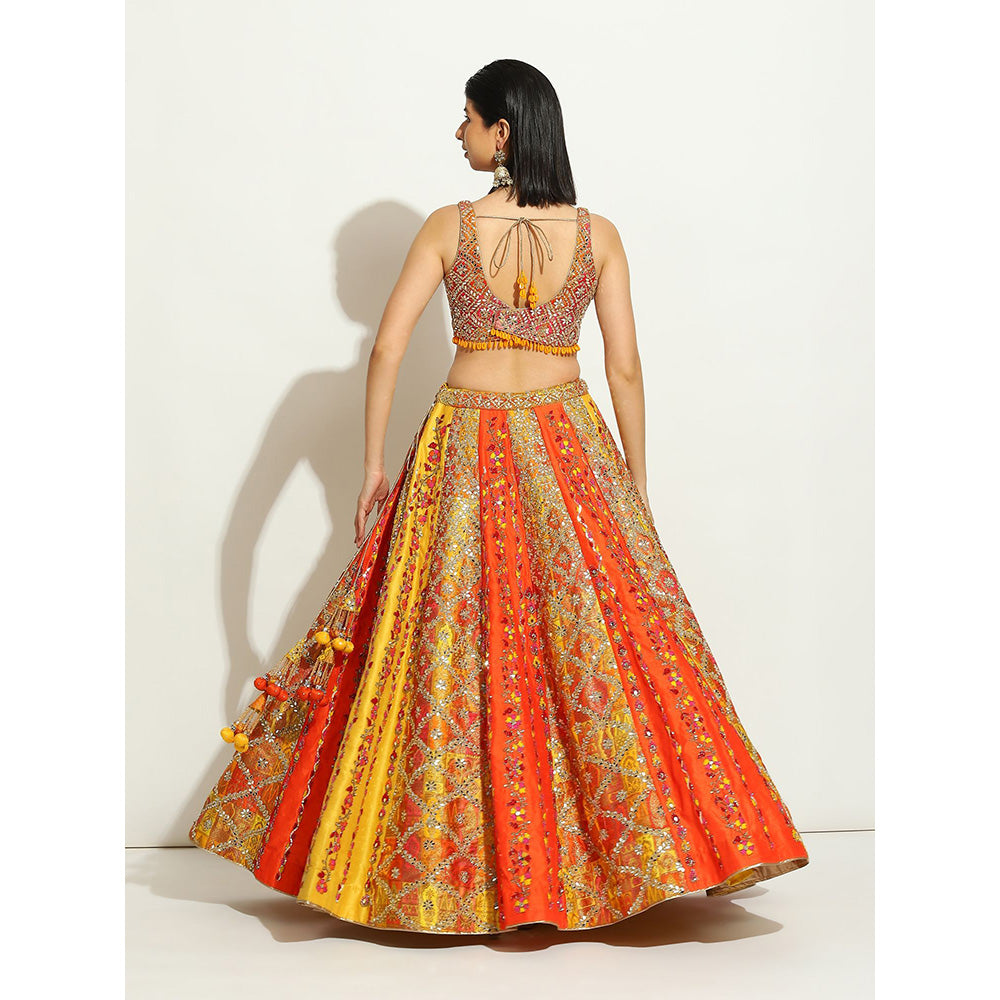 VANDANA SETHI Flame Color Brocade Lehenga with Mirror and Thread Work (Set of 3)