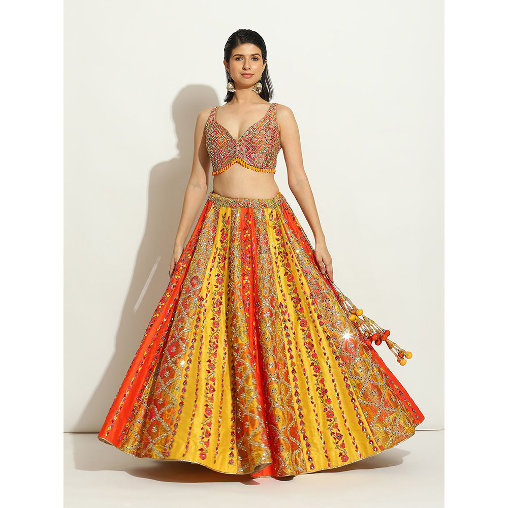 VANDANA SETHI Flame Color Brocade Lehenga with Mirror and Thread Work (Set of 3)