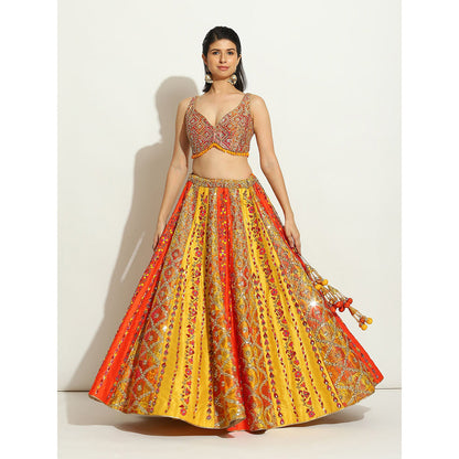 VANDANA SETHI Flame Color Brocade Lehenga with Mirror and Thread Work (Set of 3)