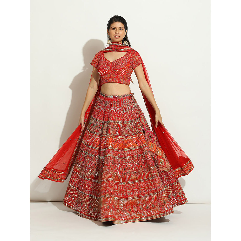 VANDANA SETHI Royal Red Coloured Lehenga with Zardozi and Thread Work (Set of 3)
