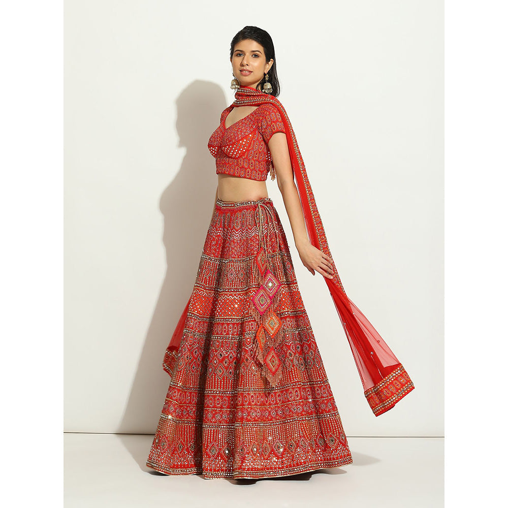 VANDANA SETHI Royal Red Coloured Lehenga with Zardozi and Thread Work (Set of 3)