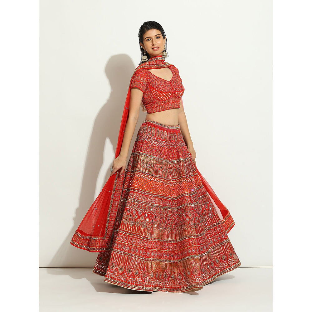 VANDANA SETHI Royal Red Coloured Lehenga with Zardozi and Thread Work (Set of 3)