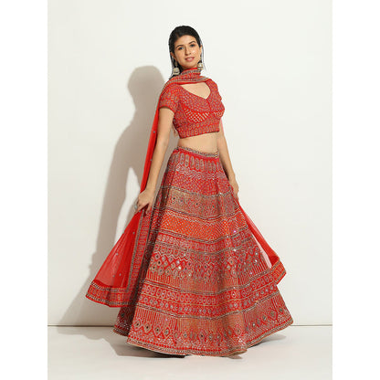 VANDANA SETHI Royal Red Coloured Lehenga with Zardozi and Thread Work (Set of 3)