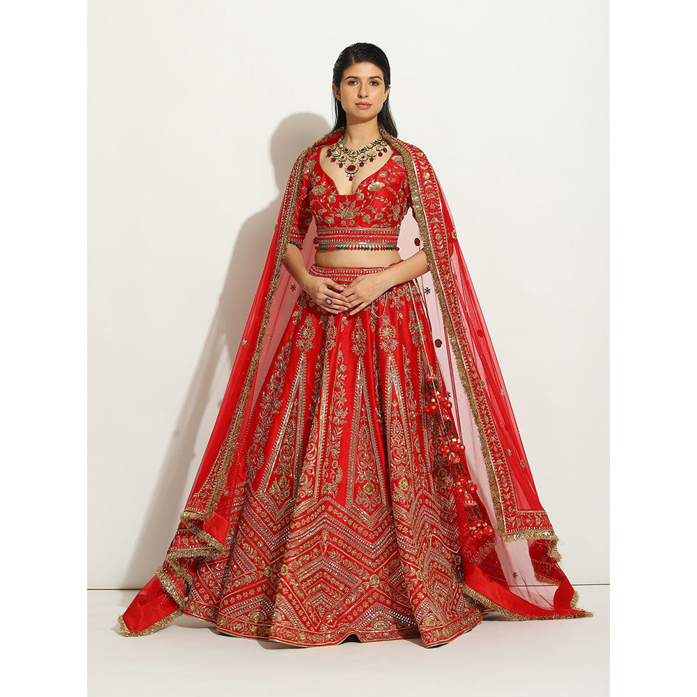 VANDANA SETHI Majestic Red Coloured Lehenga with Zardozi Work (Set of 3)