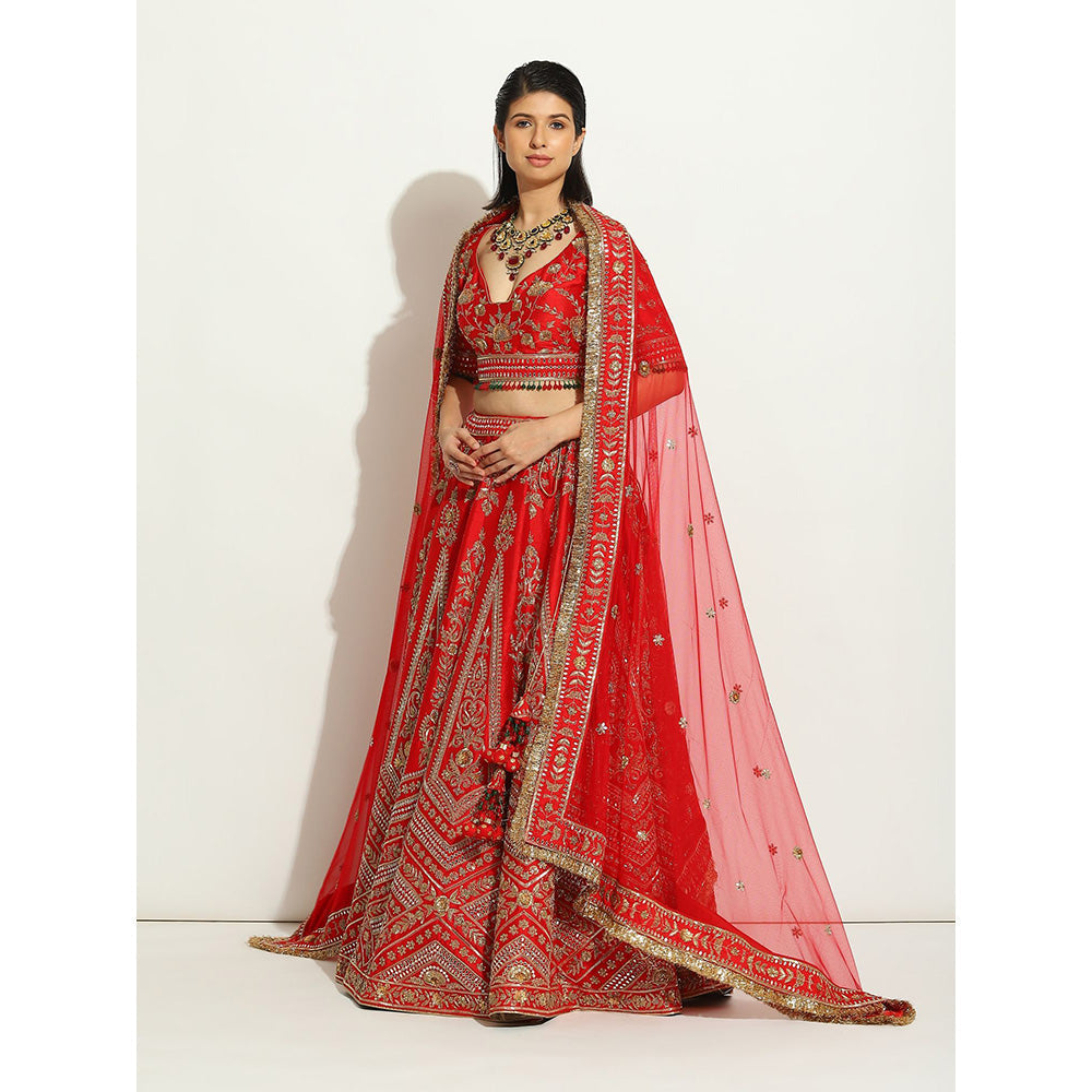 VANDANA SETHI Majestic Red Coloured Lehenga with Zardozi Work (Set of 3)