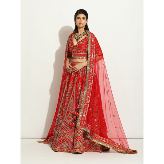 VANDANA SETHI Majestic Red Coloured Lehenga with Zardozi Work (Set of 3)