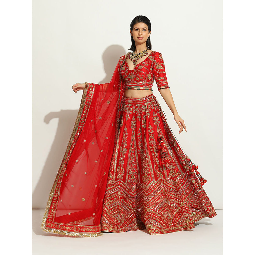 VANDANA SETHI Majestic Red Coloured Lehenga with Zardozi Work (Set of 3)