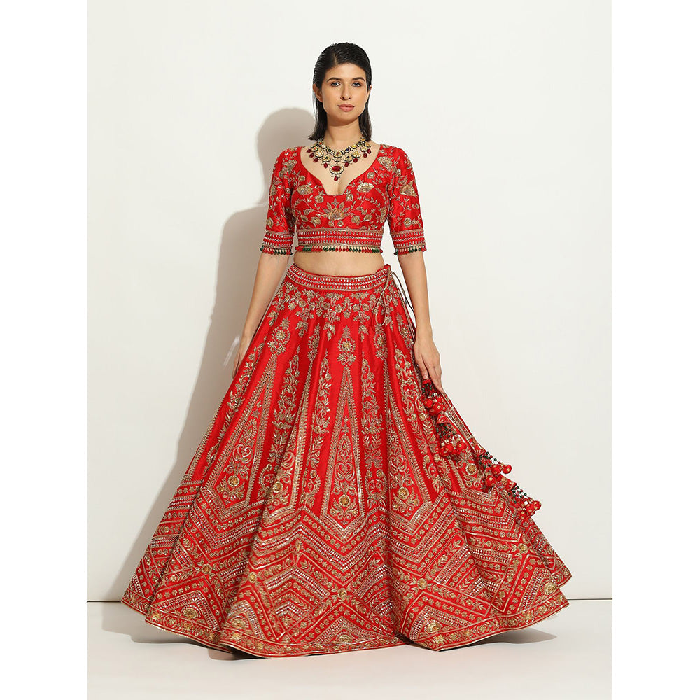VANDANA SETHI Majestic Red Coloured Lehenga with Zardozi Work (Set of 3)