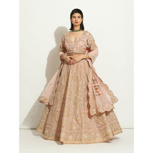 VANDANA SETHI Pink Organza Lehenga with Zardozi and Pipe Work (Set of 3)