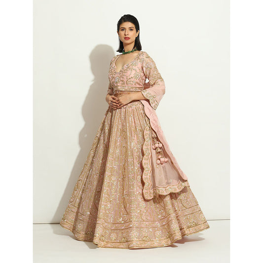 VANDANA SETHI Pink Organza Lehenga with Zardozi and Pipe Work (Set of 3)