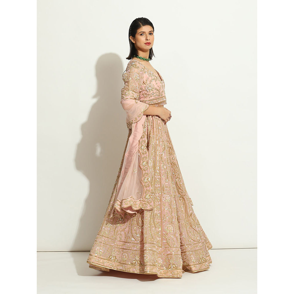 VANDANA SETHI Pink Organza Lehenga with Zardozi and Pipe Work (Set of 3)
