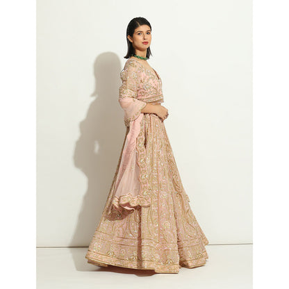 VANDANA SETHI Pink Organza Lehenga with Zardozi and Pipe Work (Set of 3)