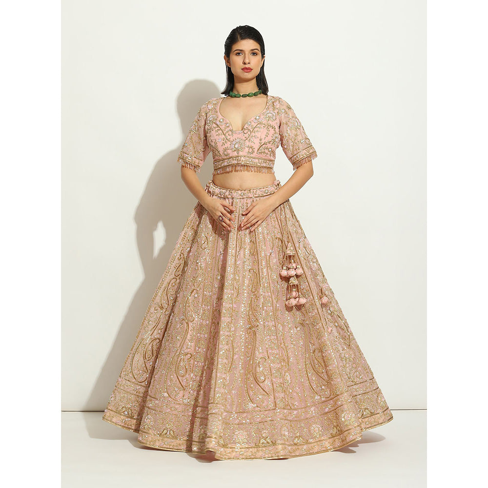 VANDANA SETHI Pink Organza Lehenga with Zardozi and Pipe Work (Set of 3)