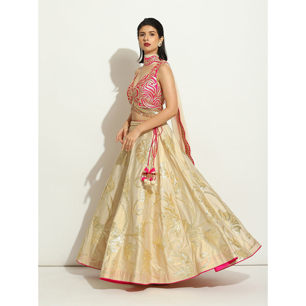 VANDANA SETHI Ivory Shimer Gold and Fuchsia Lehenga with a Halter Cut Blouse (Set of 3)