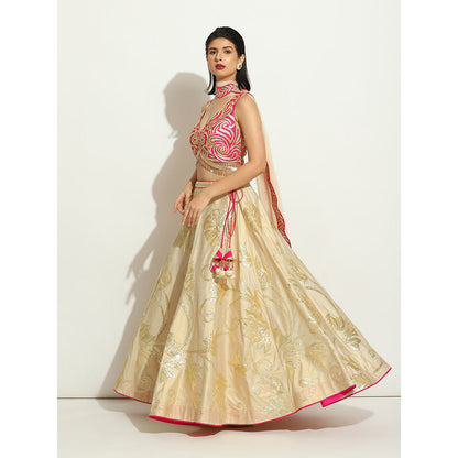 VANDANA SETHI Ivory Shimer Gold and Fuchsia Lehenga with a Halter Cut Blouse (Set of 3)