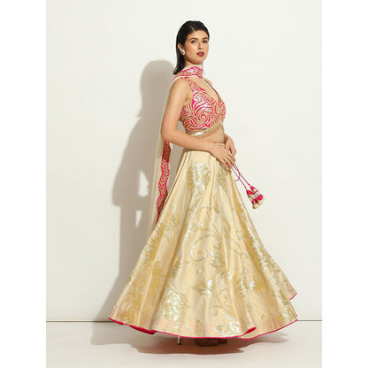 VANDANA SETHI Ivory Shimer Gold and Fuchsia Lehenga with a Halter Cut Blouse (Set of 3)