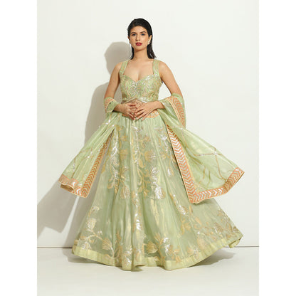 VANDANA SETHI Green Organza Lehenga with a Sleeveless Blouse (Set of 3)