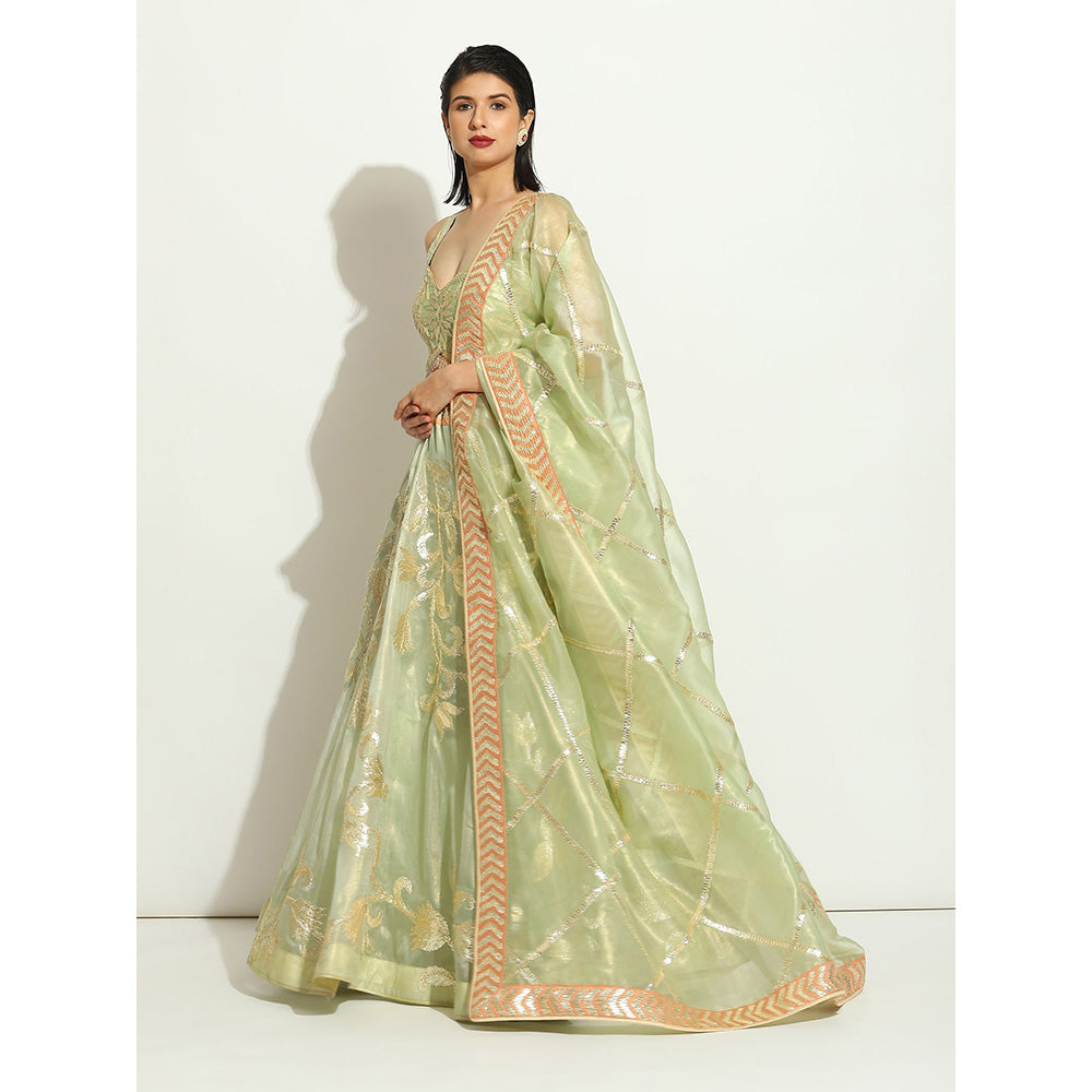 VANDANA SETHI Green Organza Lehenga with a Sleeveless Blouse (Set of 3)