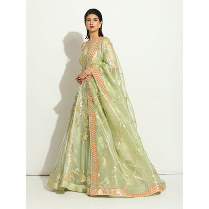 VANDANA SETHI Green Organza Lehenga with a Sleeveless Blouse (Set of 3)
