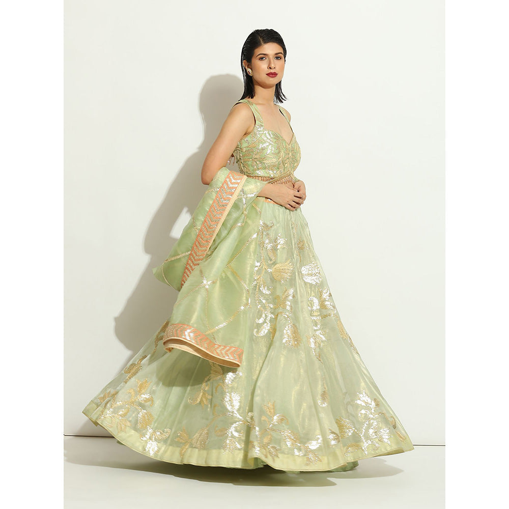 VANDANA SETHI Green Organza Lehenga with a Sleeveless Blouse (Set of 3)