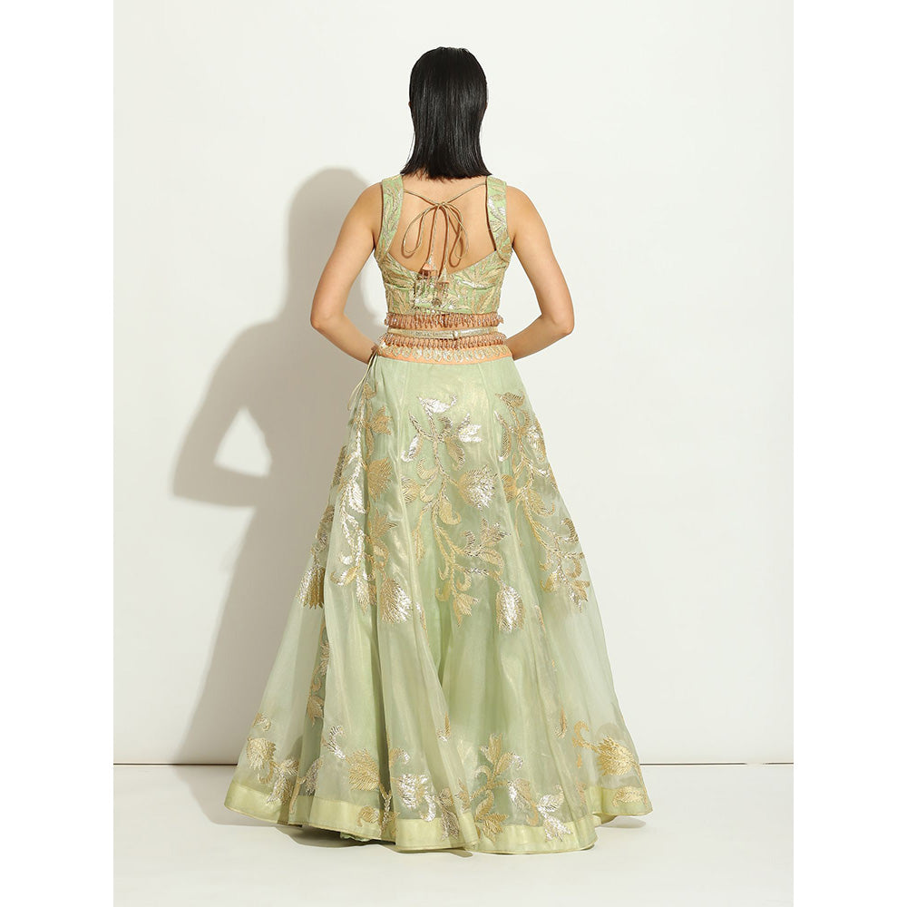 VANDANA SETHI Green Organza Lehenga with a Sleeveless Blouse (Set of 3)