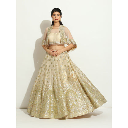 VANDANA SETHI Ivory Shimmer Organza Lehenga with a Shrug in Goat Work (Set of 3)