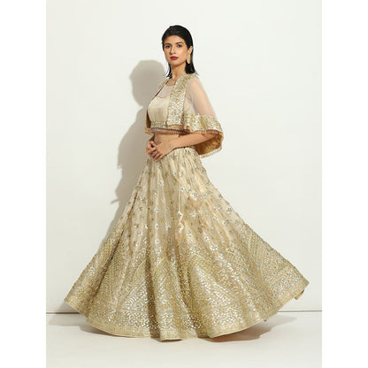 VANDANA SETHI Ivory Shimmer Organza Lehenga with a Shrug in Goat Work (Set of 3)