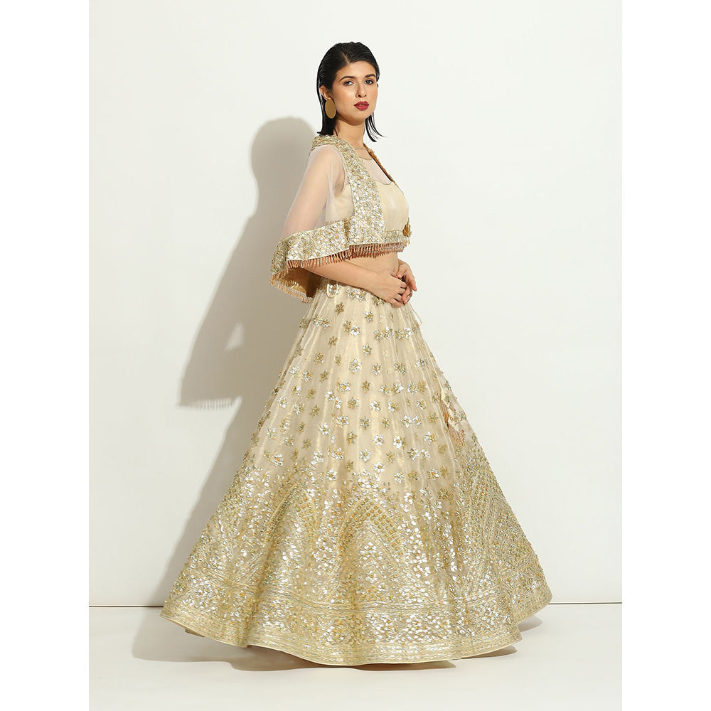 VANDANA SETHI Ivory Shimmer Organza Lehenga with a Shrug in Goat Work (Set of 3)