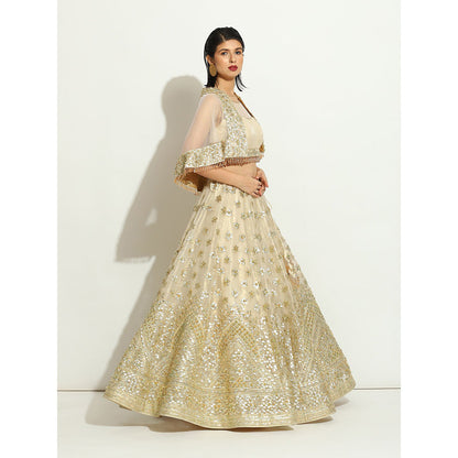 VANDANA SETHI Ivory Shimmer Organza Lehenga with a Shrug in Goat Work (Set of 3)