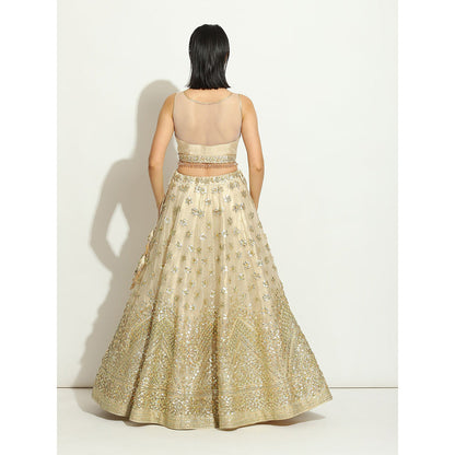 VANDANA SETHI Ivory Shimmer Organza Lehenga with a Shrug in Goat Work (Set of 3)