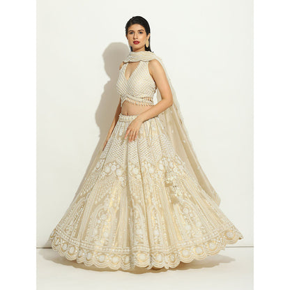 VANDANA SETHI Pearl Work Lehenga in Shimmer Organza (Set of 3)